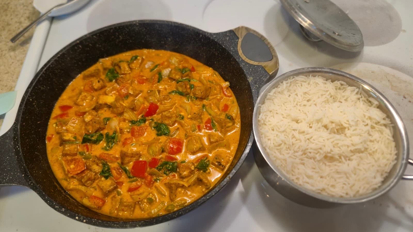 Quick Vegan Thai Red Curry with Air Fryer Tofu (Maesri Paste)